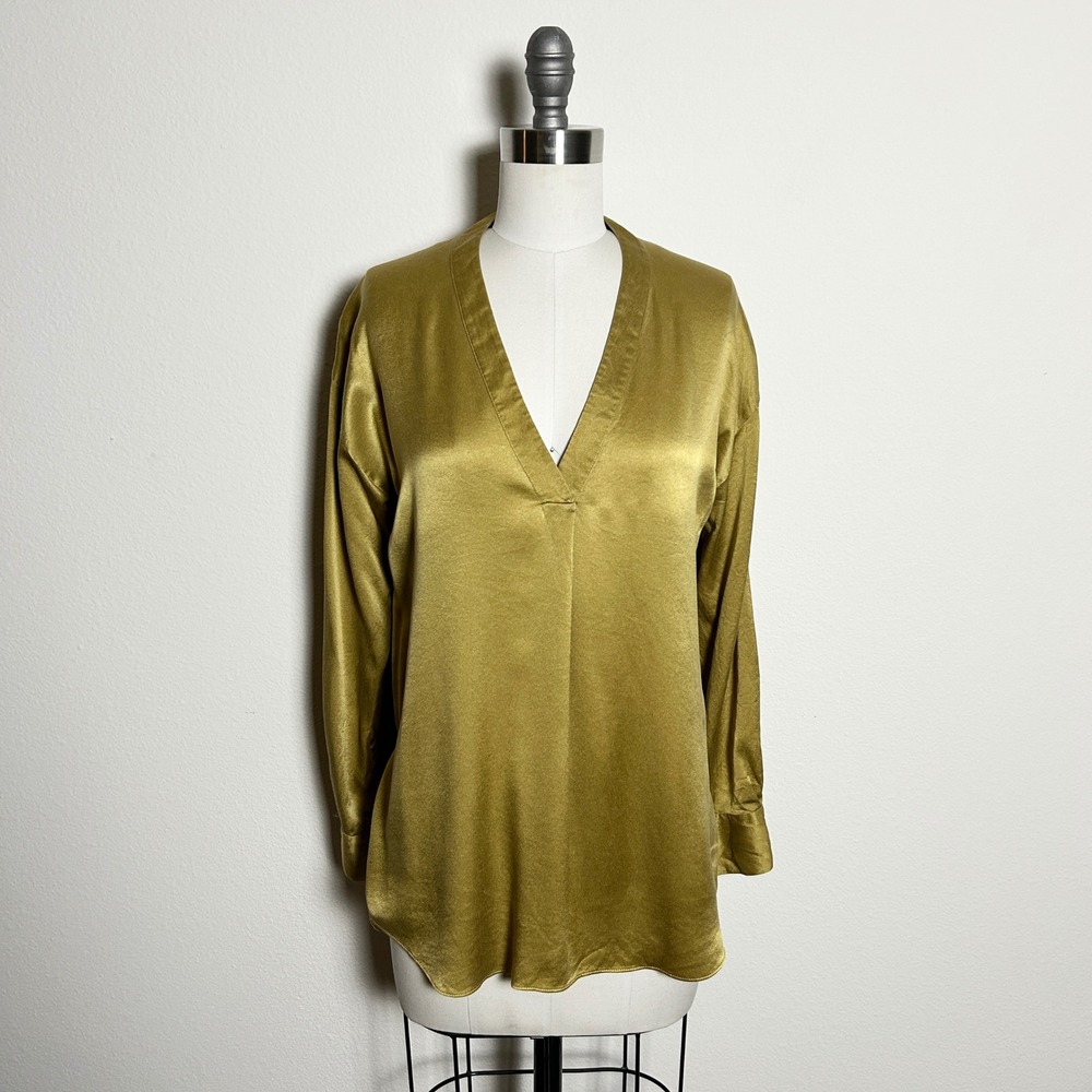 Vince Chartreuse Gold Silk Charmeuse V-Neck Drop Shoulder Blouse Top Womens XS